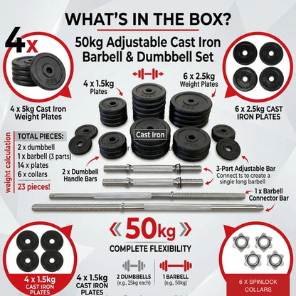 Adjustable Barbell Cast Iron Dumbbells Set for Home & Gym