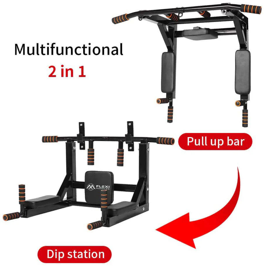 Wall Mounted Pull Up Bar and Dip Station for Home Gym.