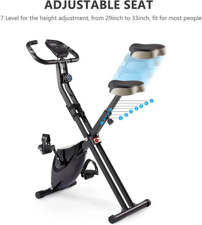 Foldable exercise bike with multiple resistance levels.