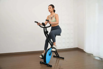 Foldable exercise bike with multiple resistance levels.