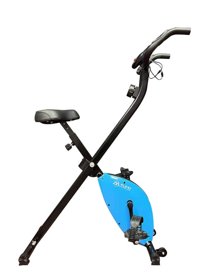Foldable exercise bike with multiple resistance levels.
