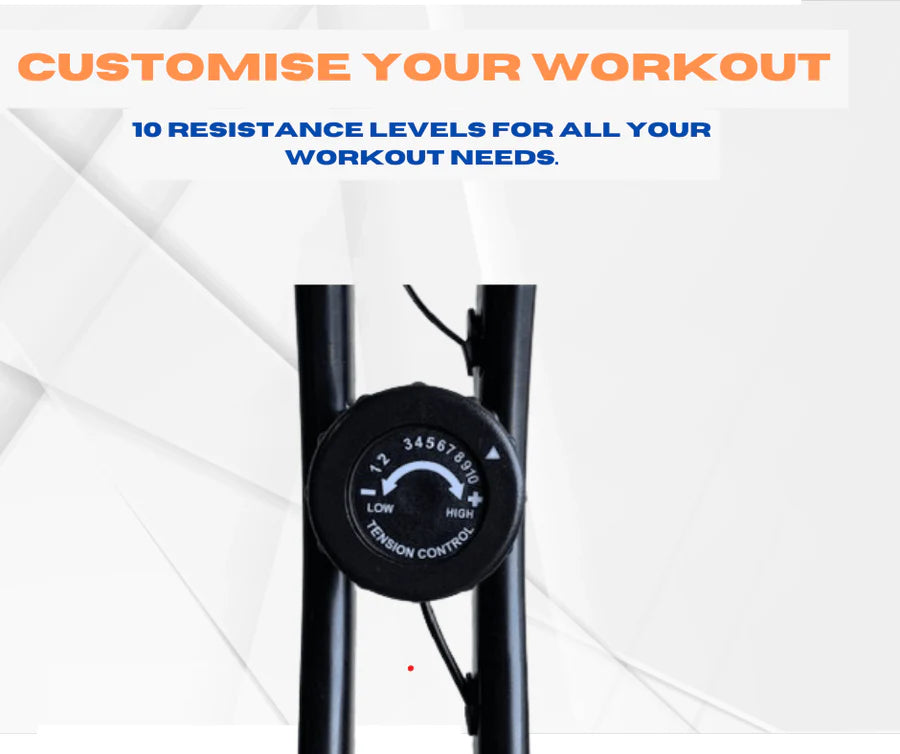 Foldable exercise bike with multiple resistance levels.