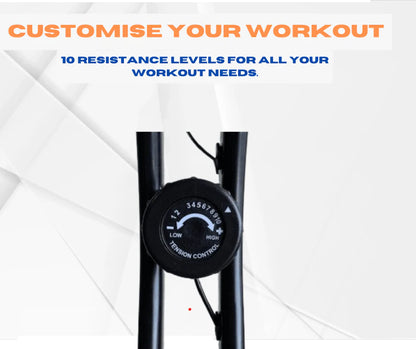 Foldable exercise bike with multiple resistance levels.