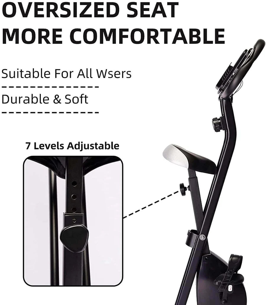 Foldable exercise bike with multiple resistance levels.