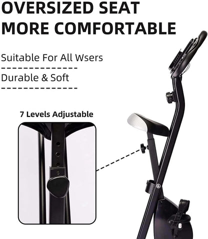 Foldable exercise bike with multiple resistance levels.