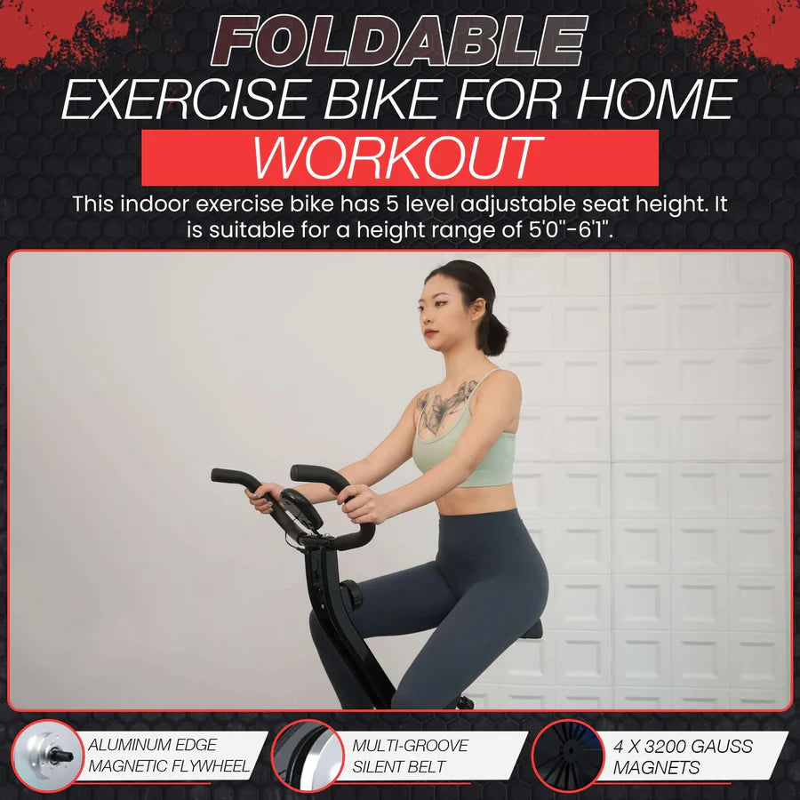 Foldable exercise bike with multiple resistance levels.