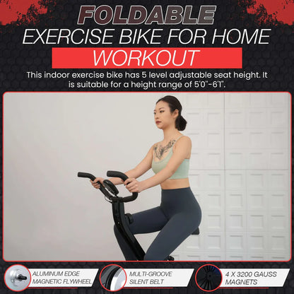 Foldable exercise bike with multiple resistance levels.